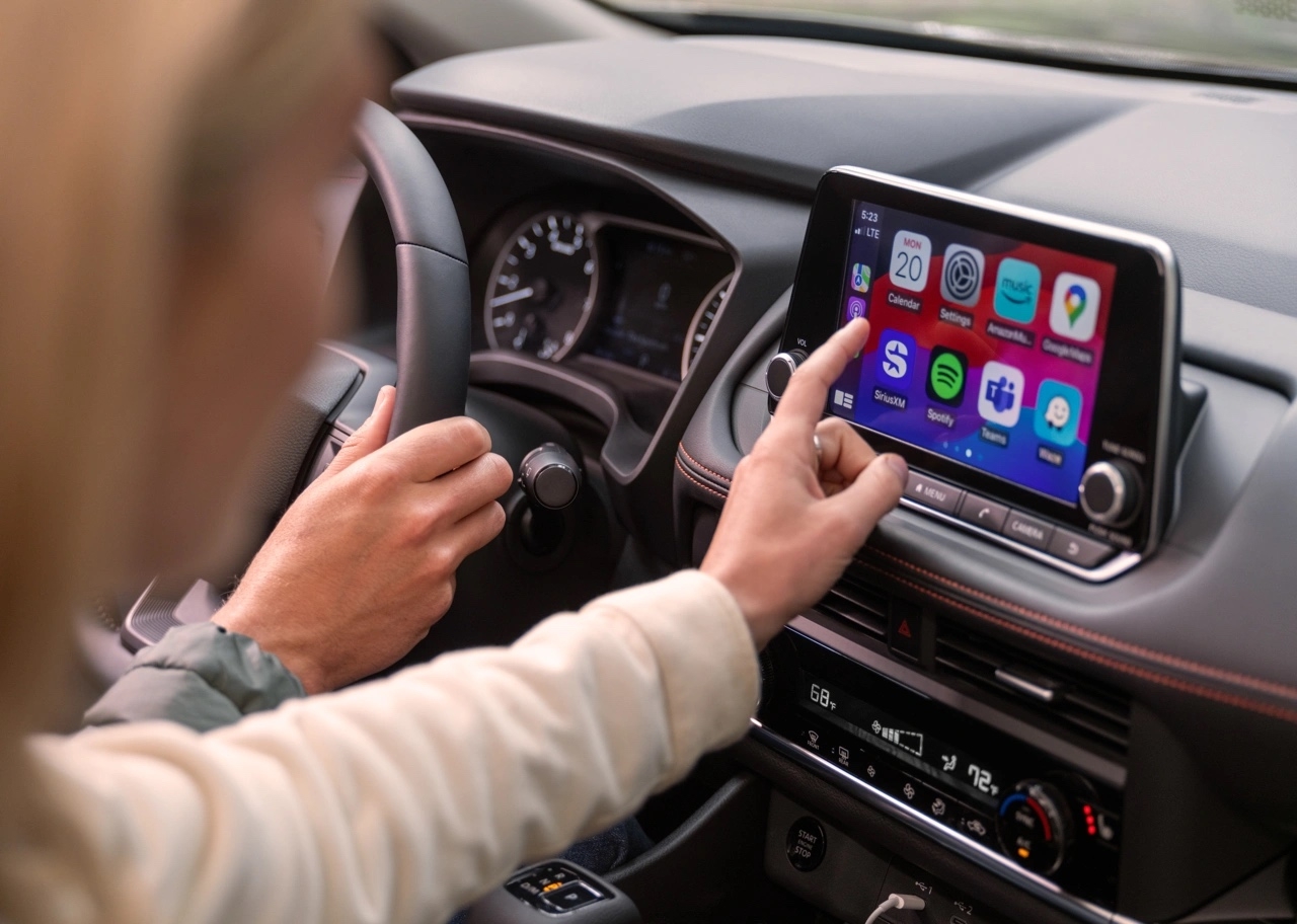 Intérieur du Nissan Rogue 2026 avec conducteur utilisant l’écran tactile central pour accéder aux applications connectées et au système multimédia.